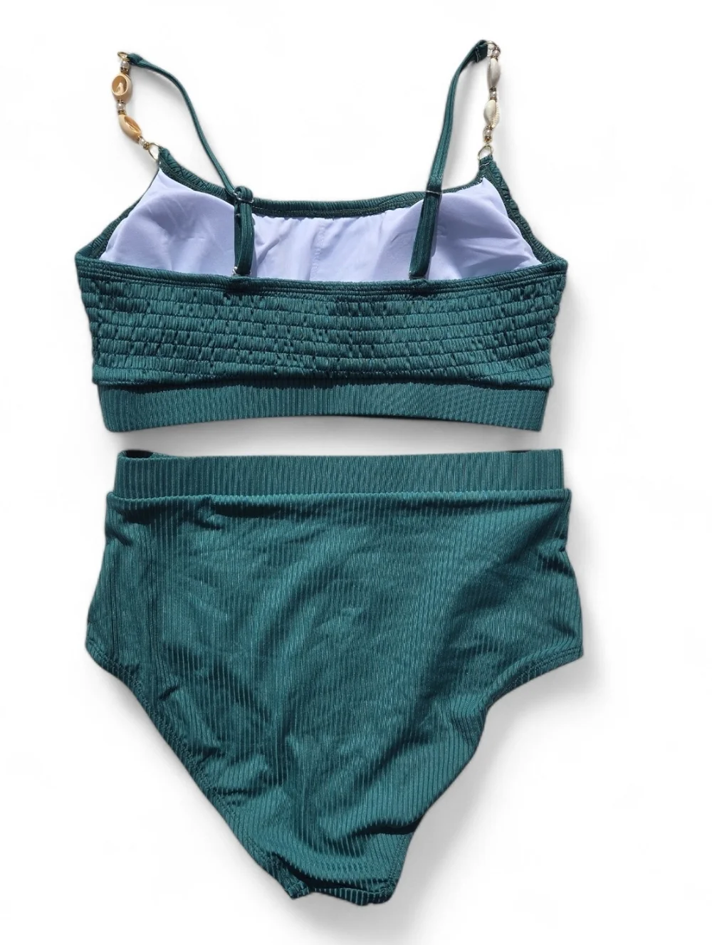 High-Waist Textured Bikini Set - Emerald Green With Seashell Detail - Picture 3 of 4